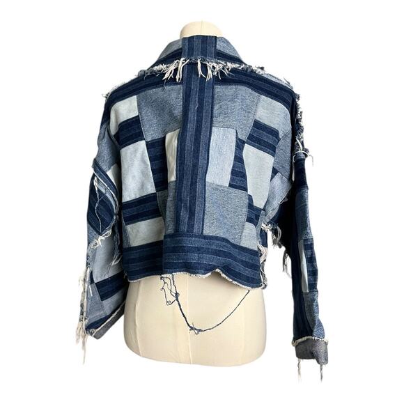 Artisan Upcycled Women’s Jean Jacket Denim Blue Cotton Western Boho M L Cropped - Picture 6 of 9